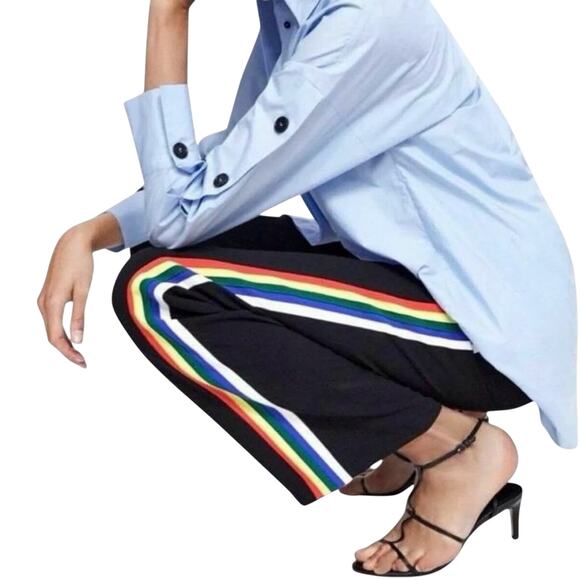 Zara Wide Leg Black Rainbow Side Stripe High Waist Pants Front Zip Flowy Fabric - Picture 6 of 16